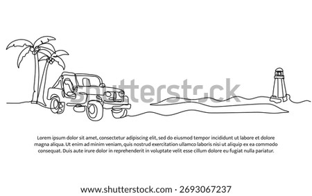 Continuous line design of jeep on the beach. Single line decorative element drawn on white.