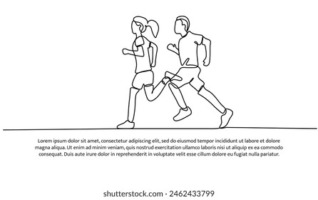 Continuous line design of  jogging couple. Single line decorative elements drawn on a white background.