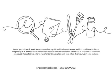 Continuous line design of kitchen appliances. Single line decorative element drawn on white.