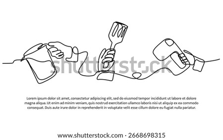 Continuous line design of kitchen appliances. Single line decorative element drawn on white.