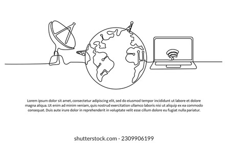 Diseño continuo de líneas de laptop, antena satelital y globo. Concepto de diseño de redes internacionales de tecnología. Elementos decorativos dibujados sobre un fondo blanco.