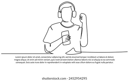 Continuous line design of listening to music using a headset. Single line decorative elements drawn on a white background.