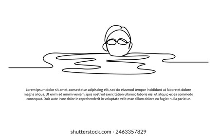 Continuous line design of little boy swimming in summer. Single line decorative elements drawn on a white background.