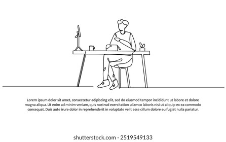 Continuous line design of a male blogger is reviewing a product. Single line decorative element drawn on white background.
