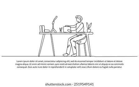 Continuous line design of a male blogger is reviewing a product. Single line decorative element drawn on white background.
