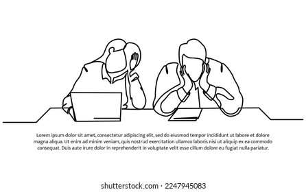 Continuous line design of male and female workers limp in front of laptop. Work fatigue design concept. Decorative elements drawn on a white background.