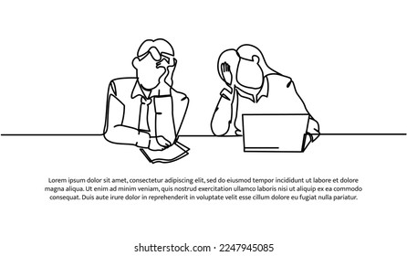 Continuous line design of male and female workers limp in front of laptop. Work fatigue design concept. Decorative elements drawn on a white background.