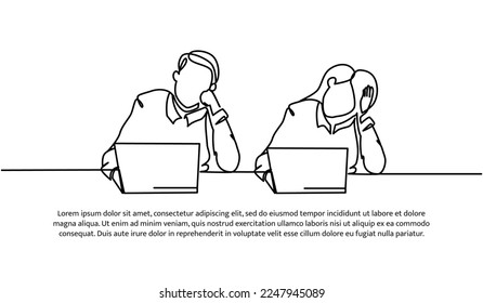 Continuous line design of male and female workers limp in front of laptop. Work fatigue design concept. Decorative elements drawn on a white background.