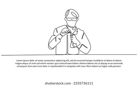 Continuous line design of the man doing lab testing. Decorative elements are drawn on a white background.