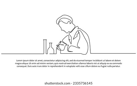 Continuous line design of the man doing lab testing. Decorative elements are drawn on a white background.