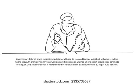 Continuous line design of the man doing lab testing. Decorative elements are drawn on a white background.