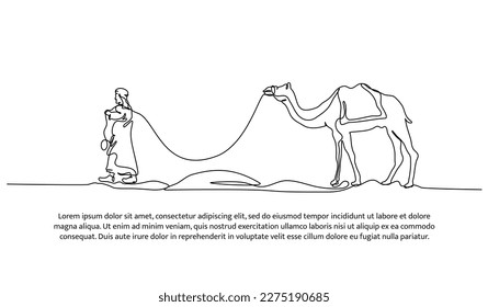 Continuous line design of man guiding camel with rope in desert. Islamic design concept. Decorative elements drawn on a white background.