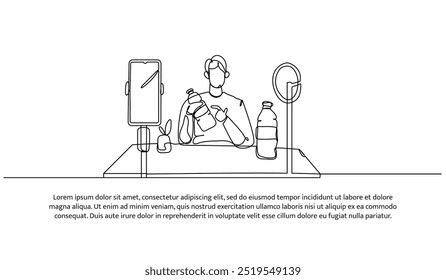 Projeto de linha contínua de um homem é rever um produto de bebida de ervas. Elemento decorativo de linha única desenhado sobre fundo branco.