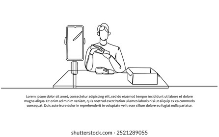 Continuous line design of a man is review a shoe product. Single line decorative element drawn on white background.