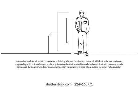 Continuous line design of a man standing alone holding a bag. Businessman work concept design. Decorative elements drawn on a white background.