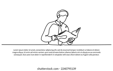 Continuous line design of man in tie opening book. Self knowledge development design concept. Decorative elements drawn on a white background.