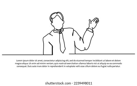 Continuous line design of a man waving. Gesture greet hello. Decorative elements drawn on a white background.
