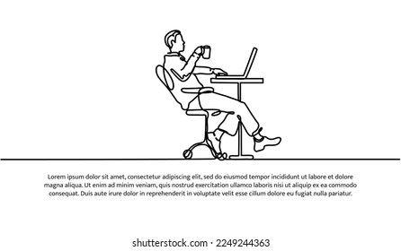 Continuous line design of a man working while drinking in a cup. Relax work design concept. Decorative elements drawn on a white background.