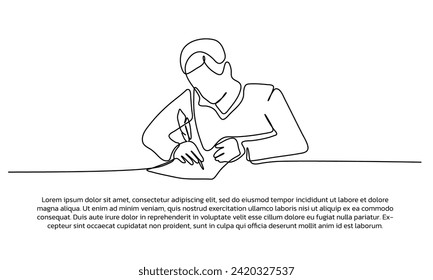 Continuous line design of a man writing. Single line decorative element drawn on white background.