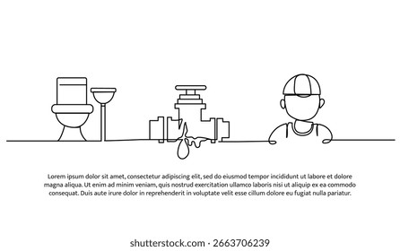 Projeto de linha contínua de reparação mecânica de tubos no banheiro. Elemento decorativo de linha única desenhado em branco.