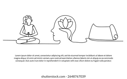 Continuous line design of meditation on the mat to refresh the brain. Single line decorative element drawn on white.