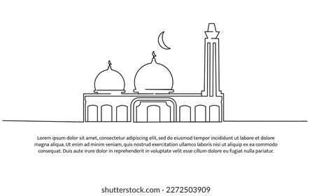 Continuous line design of modern mosque. Future building design concept. Decorative elements drawn on a white background.