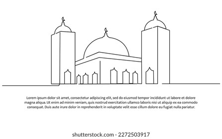 Continuous line design of modern mosque. Future building design concept. Decorative elements drawn on a white background.