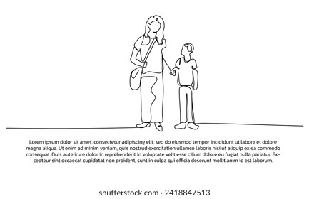 Continuous line design of mother holds her child's hand while walking. Single line decorative elements drawn on a white background.