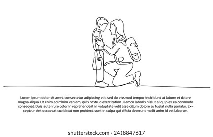 Continuous line design of mother provides support to her son. Single line decorative elements drawn on a white background.