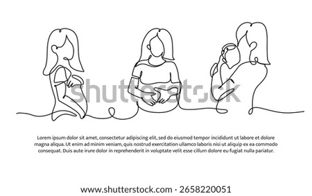 Continuous line design of mother's concern for baby. Single line decorative element drawn on white.