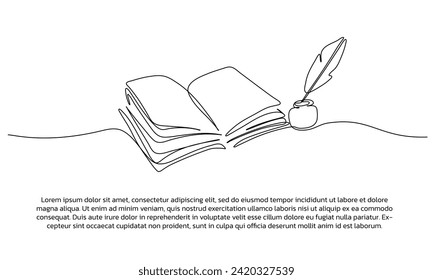 Continuous line design from old book and pen. Single line decorative element drawn on white background.