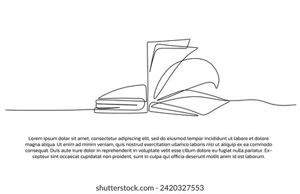 Continuous line design of an open book. Single line decorative element drawn on white background.