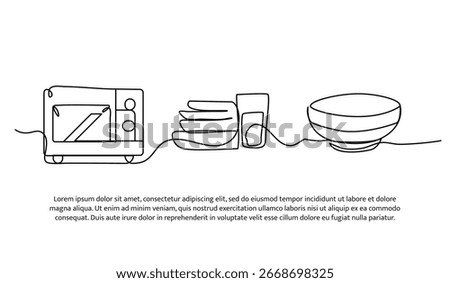 Continuous line design of oven, plates, glasses and bowl. Single line decorative element drawn on white.
