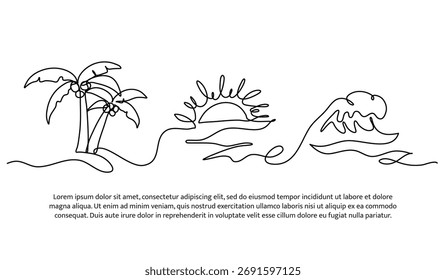 Continuous line design of palm, sun and beach waves. Single line decorative element drawn on white.