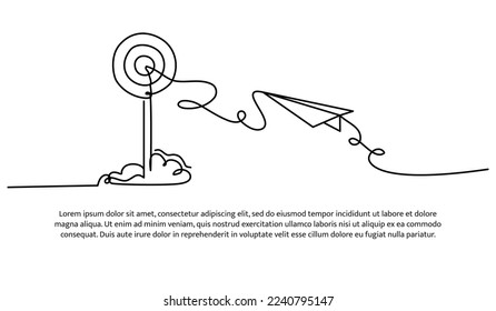 Diseño continuo de líneas de avión de papel volando hacia el círculo objetivo. Concepto de libertad, coraje y éxito. Elementos decorativos dibujados sobre un fondo blanco.