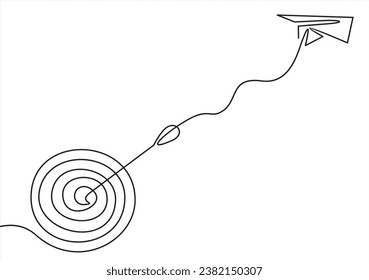 Continuous line design of paper airplane flying towards target circle. Freedom, courage and success design concept. Decorative elements drawn on a white background.