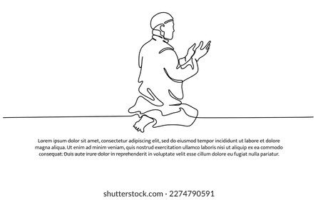 Continuous line design People praying. A muslim praying and reading Al Quran. Decorative elements drawn on a white background.