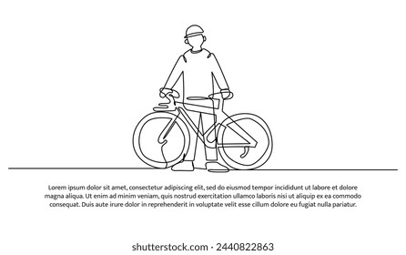 Liniendesign, bei dem Leute während des Gehens Fahrräder schieben. Eine Linie dekorative Elemente auf weißem Hintergrund gezeichnet.
