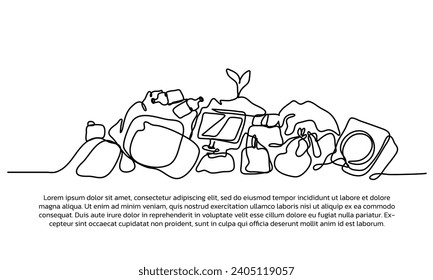 Continuous line design of piles of rubbish become disease outbreaks. Single line decorative elements drawn on a white background.