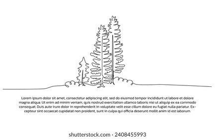 Continuous line design of pine tree landscape. Single line decorative element drawn on white background.