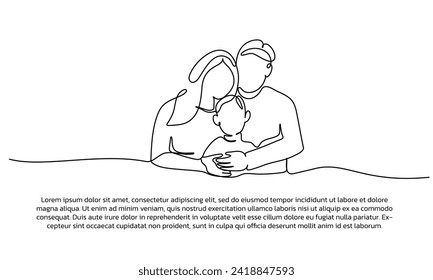 Continuous line design of portrait of father and mother hugging toddler. Single line decorative elements drawn on a white background.