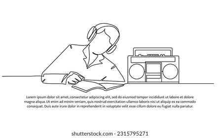 Kontinuierliches Liniendesign beim Lesen eines Buches beim Radio. Dekorative Elemente auf weißem Hintergrund.