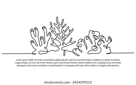 Continuous line design of reefs ocean diversity. Single line decorative elements drawn on a white background.
