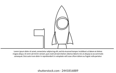 Continuous line design of rocket and  flag concept design. Decorative elements drawn on a white background.