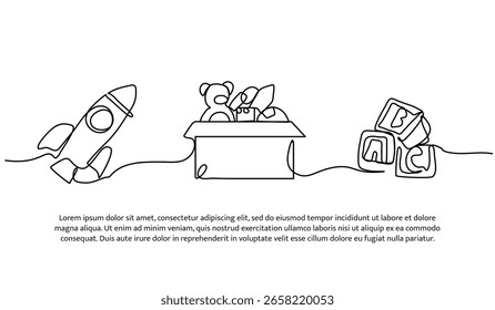 Continuous line design of rocket, toy box and ABC cubes. Single line decorative element drawn on white.