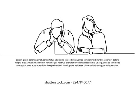 Continuous line design of sad looking boy and girl. Relationship problem design concept. Decorative elements drawn on a white background.