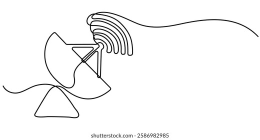 Continuous line design of satellite antenna. Technology device symbol design concept. Decorative elements drawn on a white background, Continuous line drawing of satellite dish, object one line single