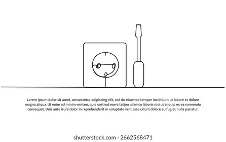 Diseño de línea continua de reparación de enchufes. Elemento decorativo de una sola línea dibujado en blanco.