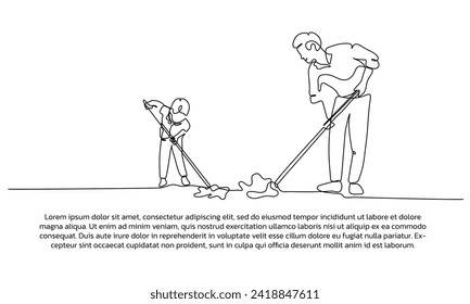 Continuous line design of son and father together cleaning the floor. Single line decorative elements drawn on a white background.