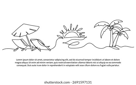 Diseño de línea continua de sol, silla y palma en la playa. Elemento decorativo de una sola línea dibujado en blanco.